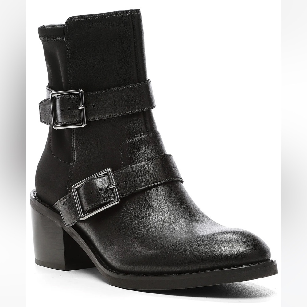 Darby Leather Buckle Block Heel Bootie